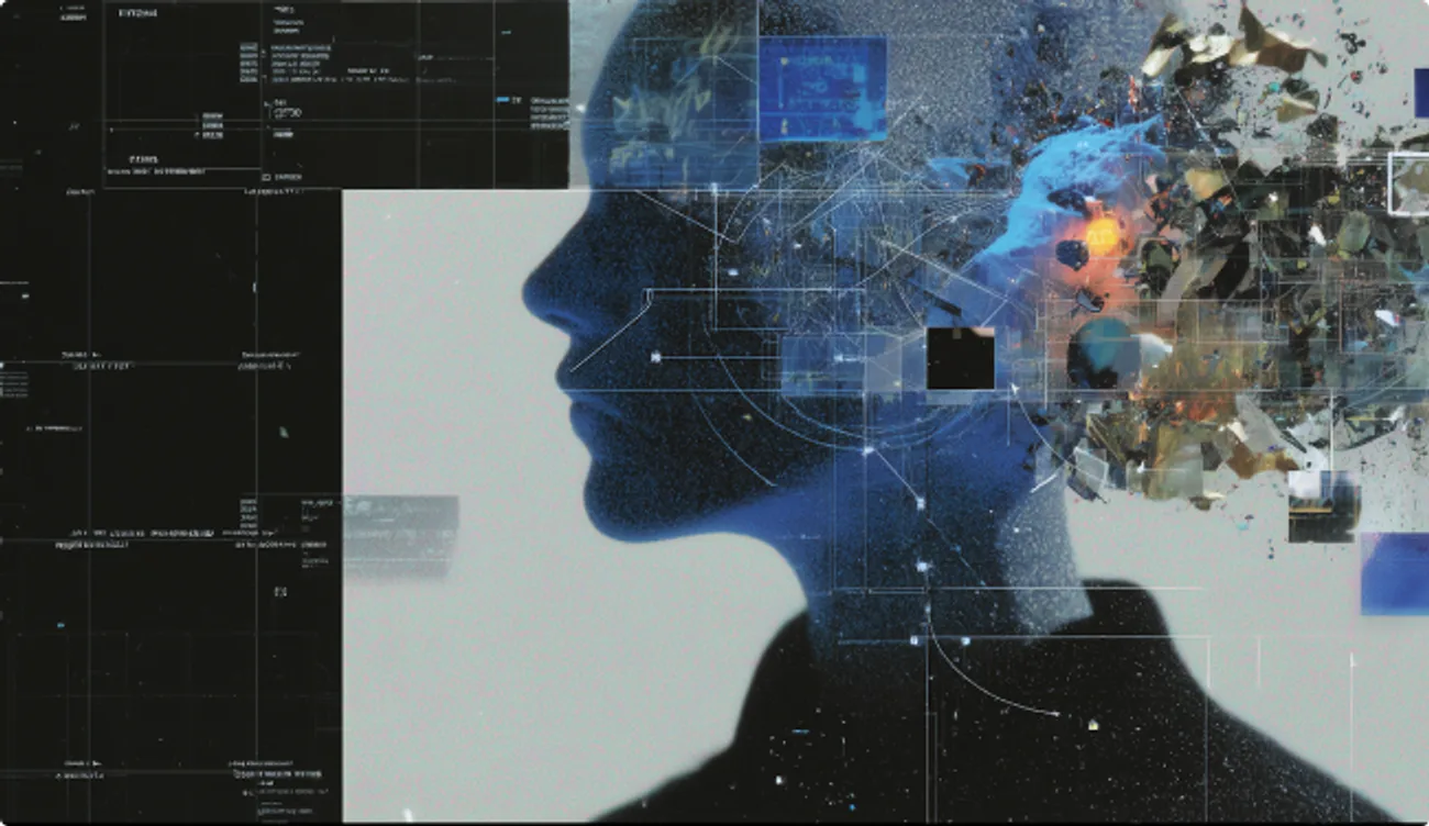 Digital profile dissolving into fragments over a design grid